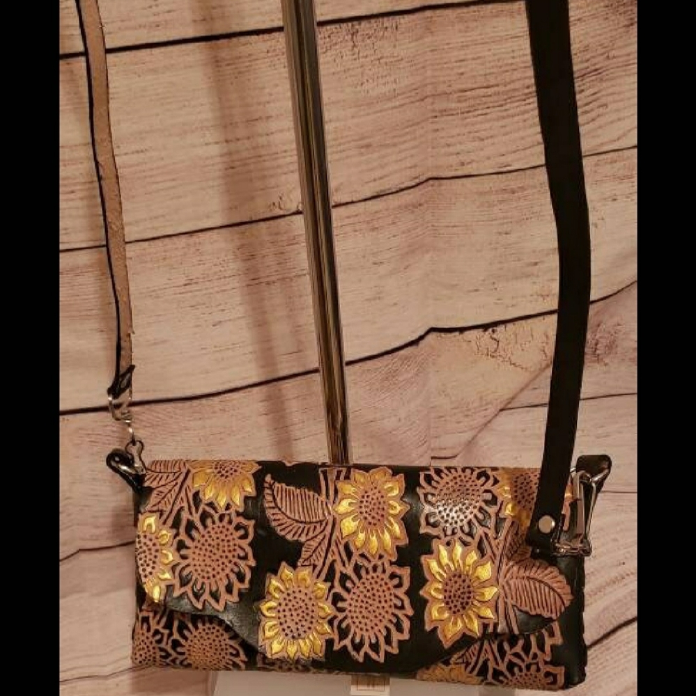 🌻 Tooled Sunflower Crossbody Clutch | Boho Leather Artisan Bag